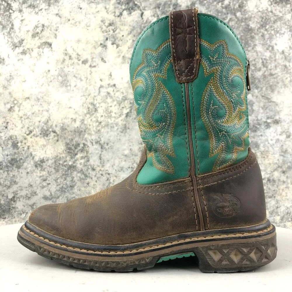 Georgia Boot Kids Size 12M Carbo-Tec LT Brown Turquoise Leather Cowboy Boots